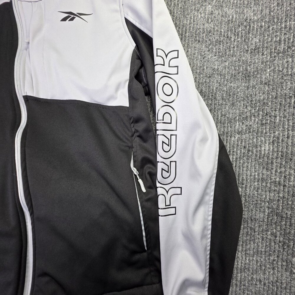Reebok Track Jacket Mens L Black Gray Colorblock Spellout Hooded Zip Athleisure - Picture 2 of 13